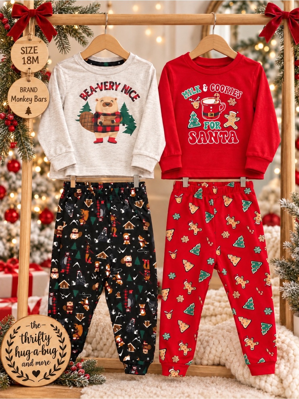 Christmas Pajama Bundle 18M Monkey Bars Beaver & Santa Cookies 4 Pieces